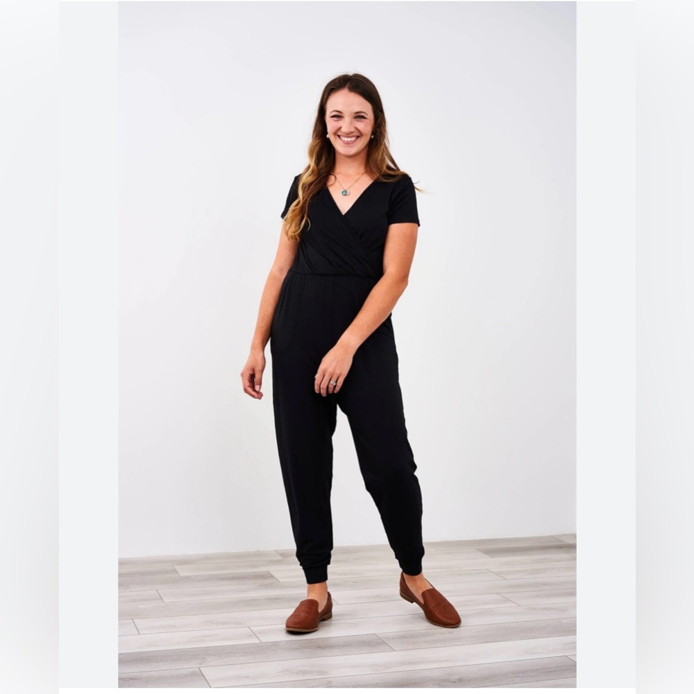 Latched Mama Black Short-Sleeve Jumpsuit (Nursing)